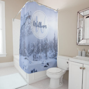 Winter wonderland fog spruce forest snow monogram shower curtain