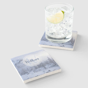 Winter wonderland fog spruce forest snow monogram stone coaster