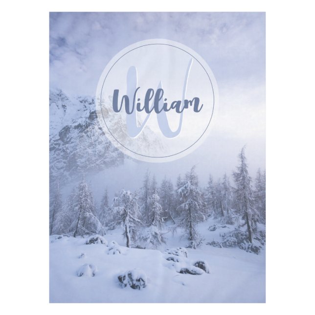 Winter wonderland fog spruce forest snow monogram tablecloth (Front)