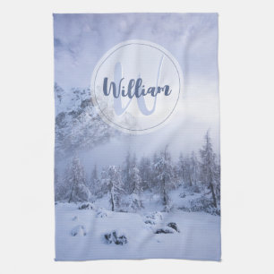 Winter wonderland fog spruce forest snow monogram tea towel