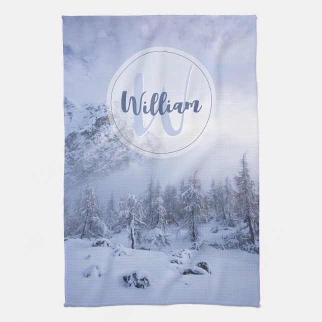 Winter wonderland fog spruce forest snow monogram tea towel (Vertical)