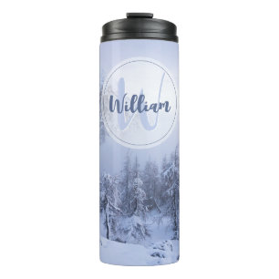 Winter wonderland fog spruce forest snow monogram thermal tumbler