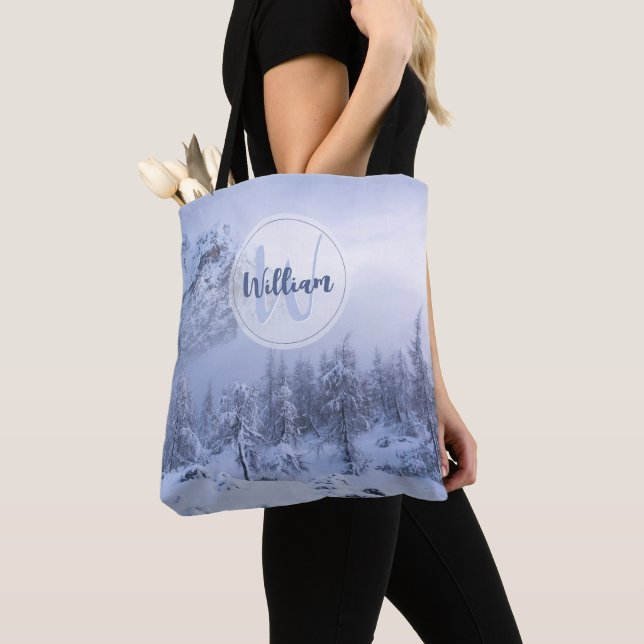 Winter wonderland fog spruce forest snow monogram tote bag (Close Up)