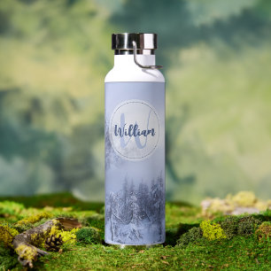 Winter wonderland fog spruce forest snow monogram water bottle