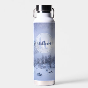 Winter wonderland fog spruce forest snow monogram water bottle