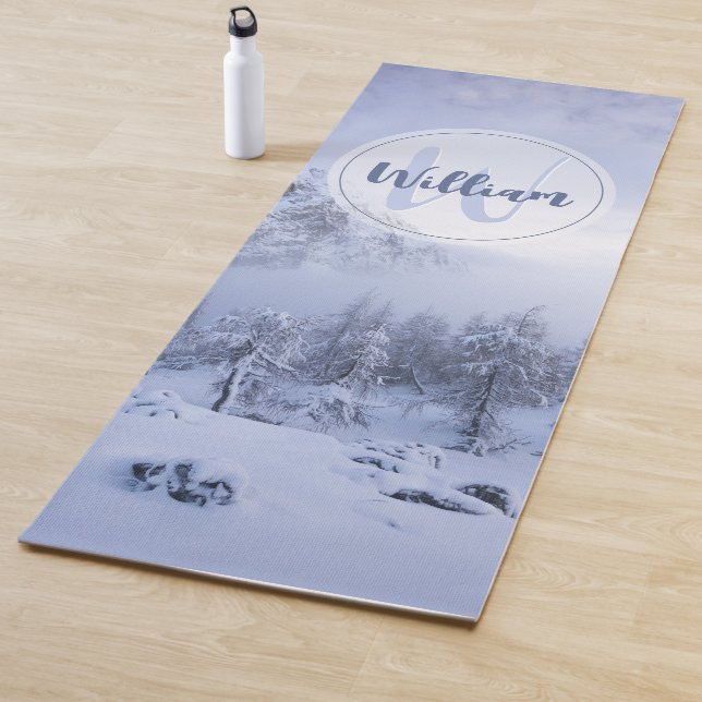 Winter wonderland fog spruce forest snow monogram yoga mat (In Situ)