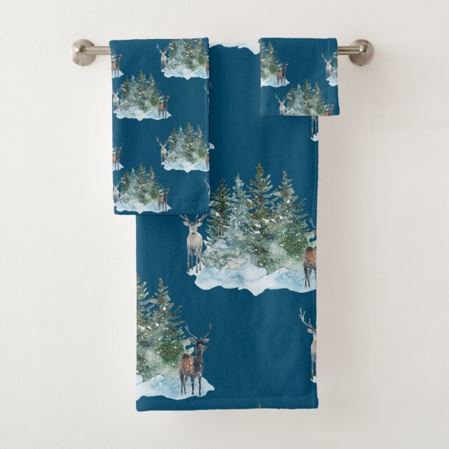 Winter Wonderland Forest Antlers Pine Trees Bath Towel Set (Insitu)