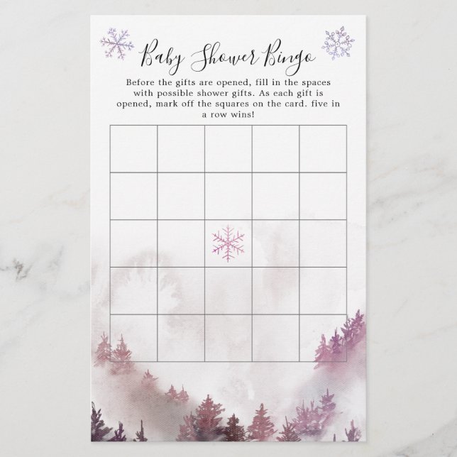 Winter Wonderland Girl Baby Shower Bingo Game (Front)