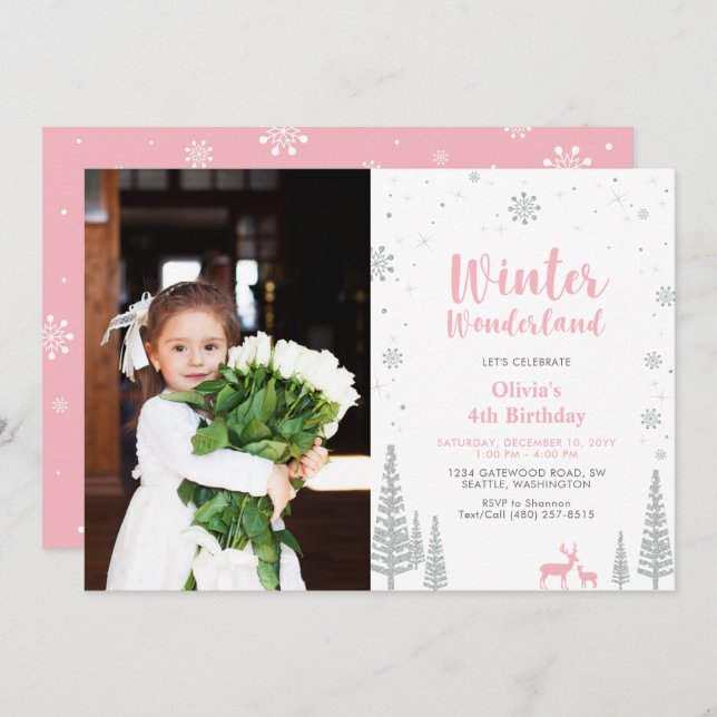 Winter Wonderland Girl Photo Birthday Invitation (Front/Back)