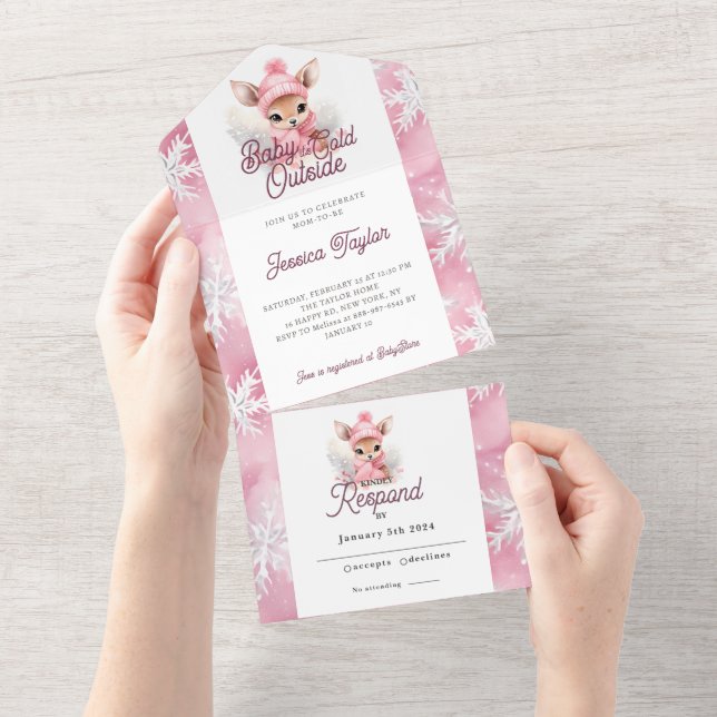 Winter Wonderland Girly Deer Pink White Snowflakes All In One Invitation (Tearaway)