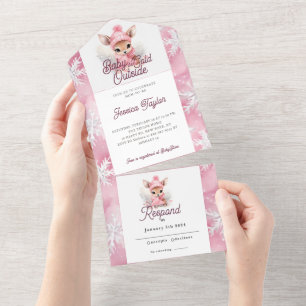 Winter Wonderland Girly Deer Pink White Snowflakes All In One Invitation