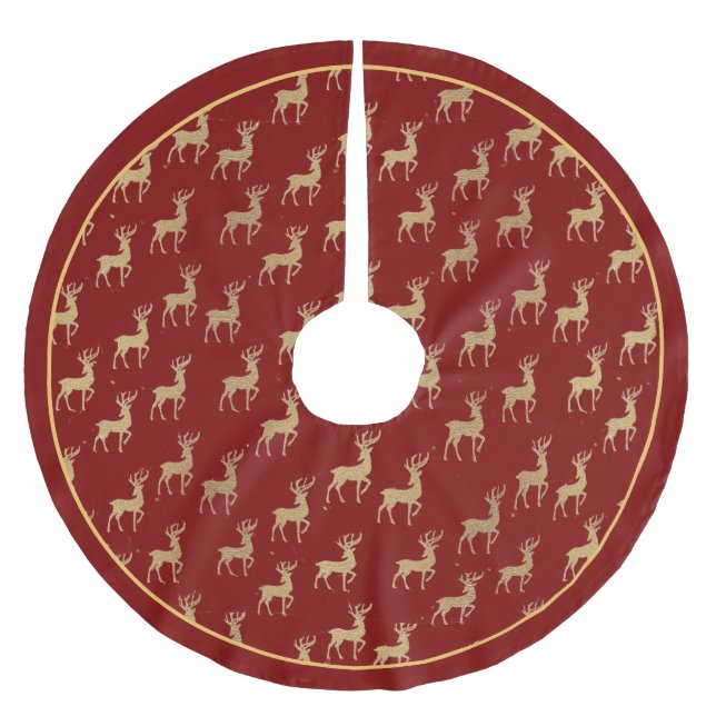 Winter Wonderland Gold Reindeer On Red Tree Skirt (Front)
