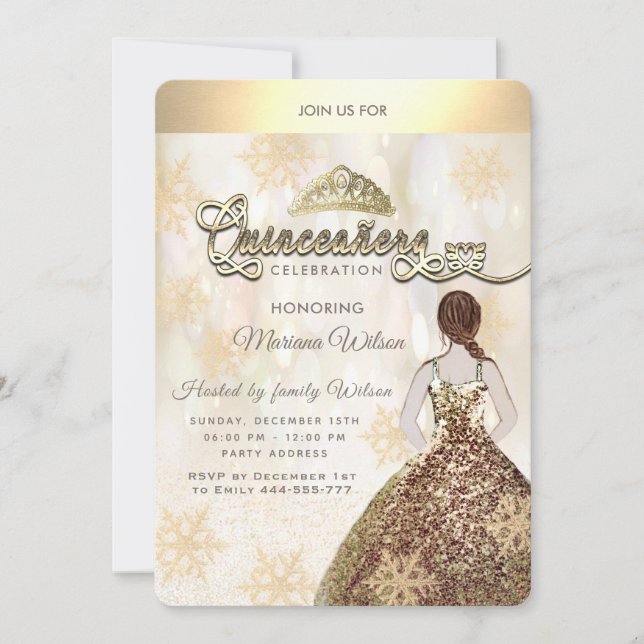 Winter wonderland Gold snowflake girl Quinceañera Invitation (Front)