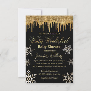 winter wonderland gold snowflakes baby shower invitation