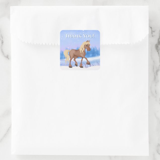 Winter Wonderland Horse, Snow Birthday Thank You Square Sticker (Bag)