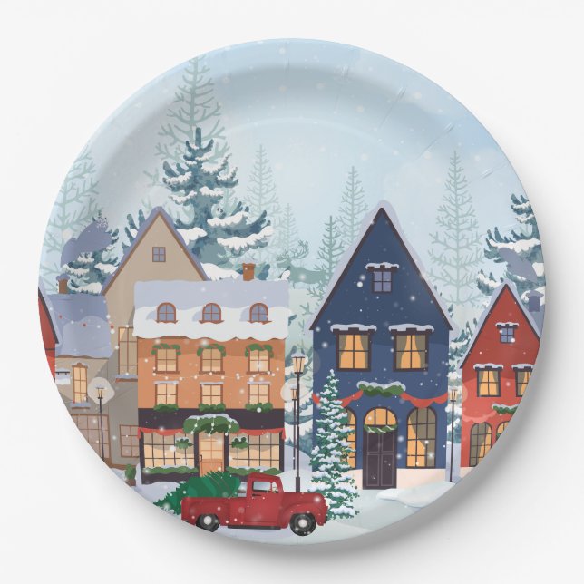 Winter wonderland houses  paper plate (Front)