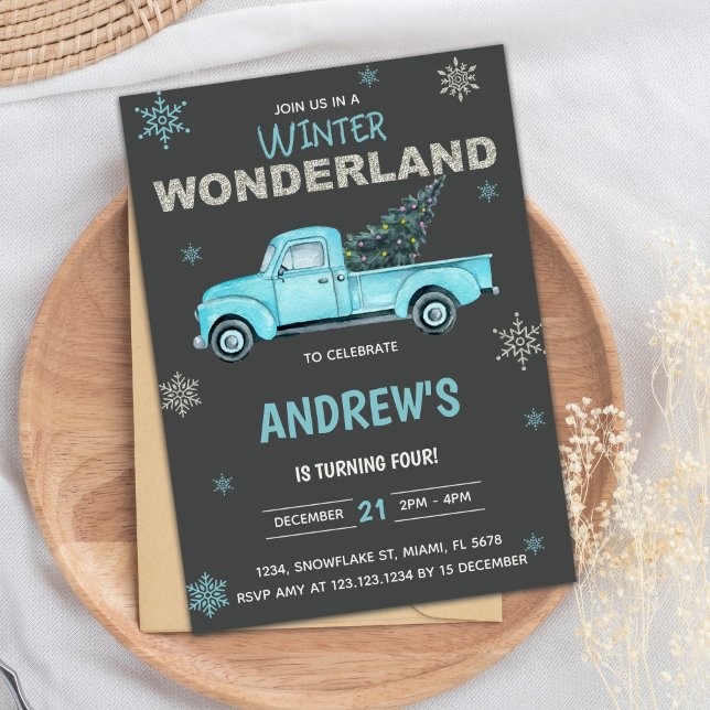 Winter Wonderland Invitation, Winter Invitation (Blue truck Winter Wonderland Birthday Invitations)