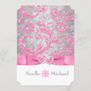 Winter Wonderland Joined Hearts Wedding - Pink Invitation