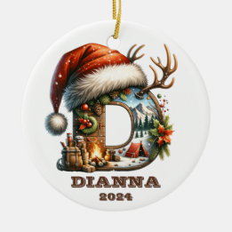 Winter Wonderland Letter D Santa Hat and Campfire Ceramic Ornament