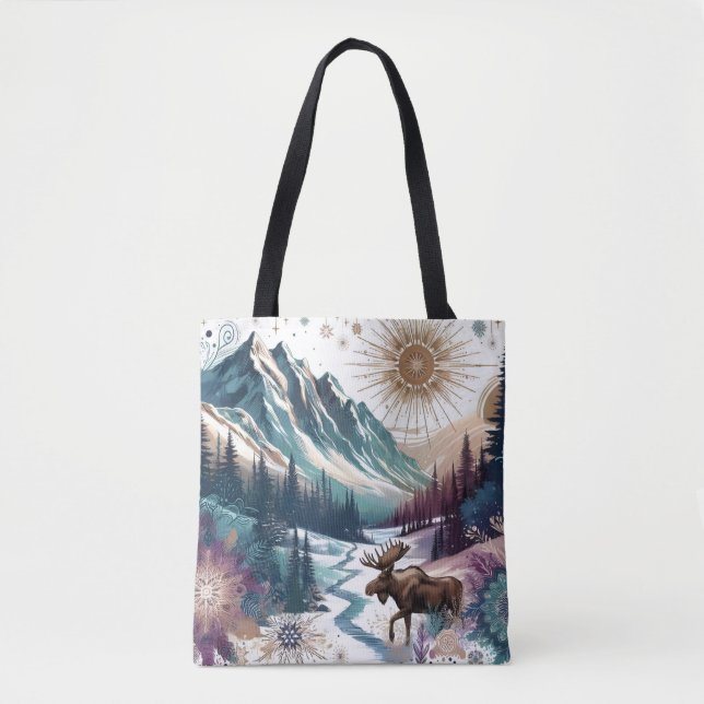 Winter Wonderland Moose Rustic Boho Pattern Tote Bag (Front)