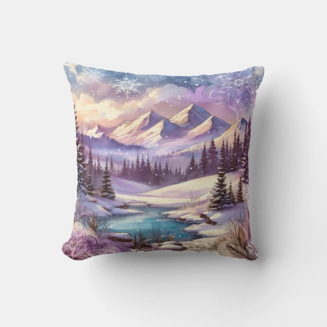 Winter Wonderland Patterns of Nature Mountain Lake Cushion (Front)