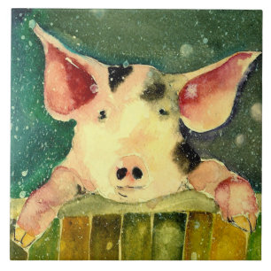 Winter Wonderland Pig Ceramic Kitchen Tile