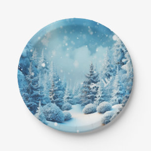 Winter Wonderland Pine Trees Snowflakes Paper Plate