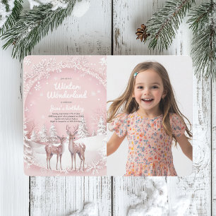 Winter Wonderland Pink and Deer Photo Birthday Invitation