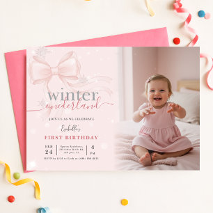 Winter Wonderland Pink Bow Photo First Birthday Invitation