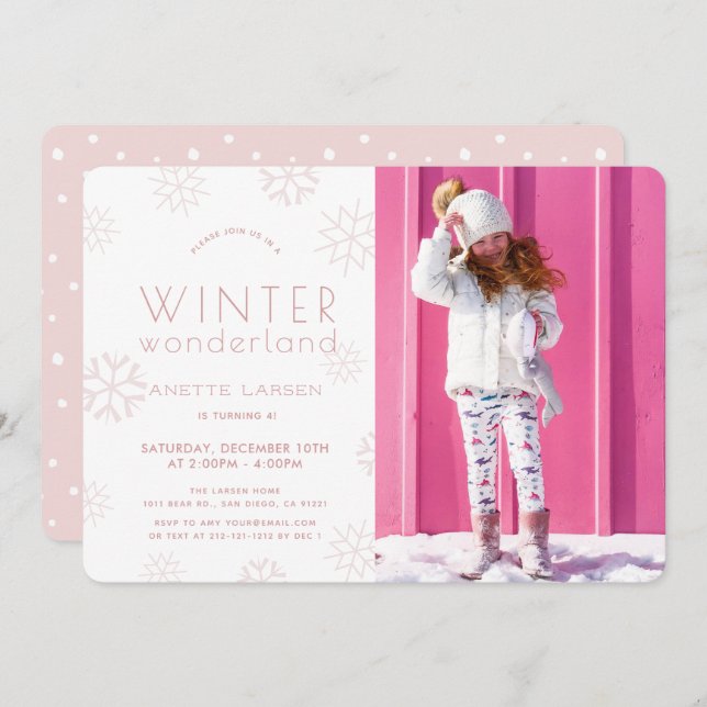 Winter Wonderland Pink Girl Photo Birthday Invitation (Front/Back)