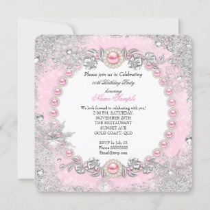 Winter Wonderland Pink Pearl Snowflake Birthday Invitation