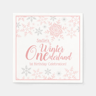 Winter Wonderland Pink Silver Glitter 1st Birthday Napkin