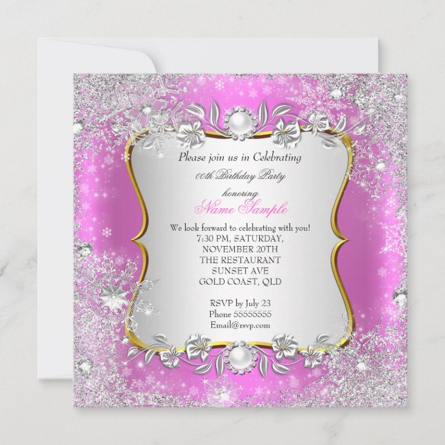 Winter Wonderland Pink Silver Snowflake Birthday Invitation (Front)