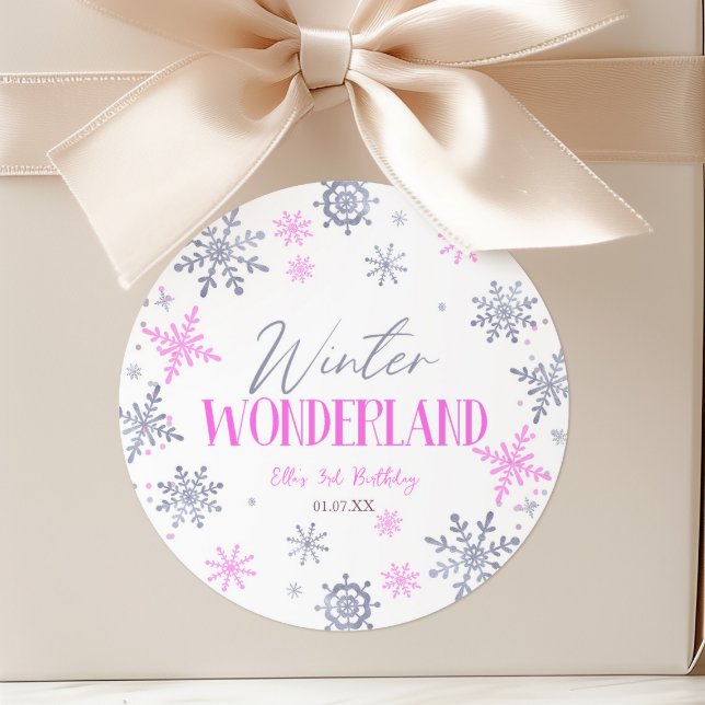 Winter Wonderland Pink Snowflake Birthday Party Classic Round Sticker (Creator Uploaded)