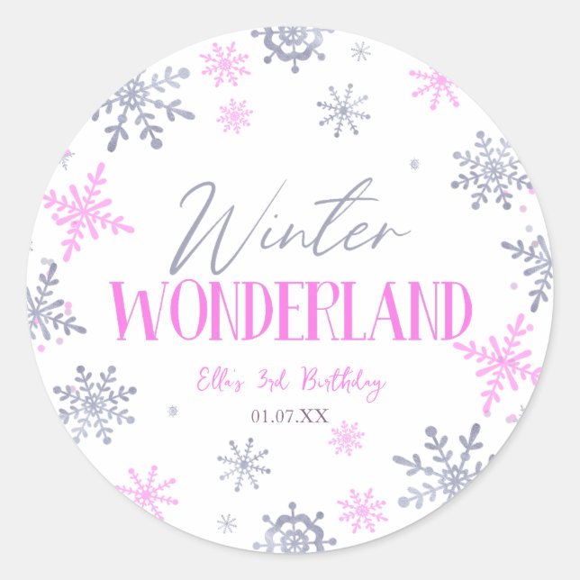 Winter Wonderland Pink Snowflake Birthday Party Classic Round Sticker (Front)