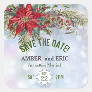 Winter Wonderland Poinsettia Save the Date Square Sticker
