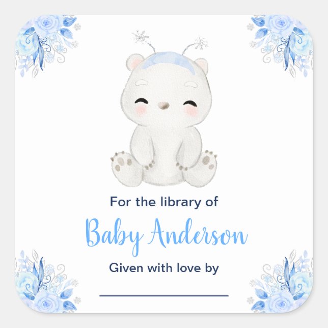 Winter Wonderland Polar Bear Baby Shower Bookplate Square Sticker (Front)