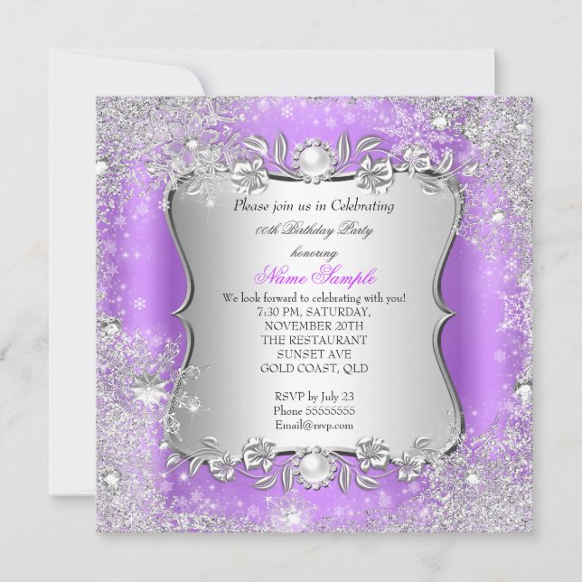 Winter Wonderland Purple Silver Snowflake Party Invitation (Front)