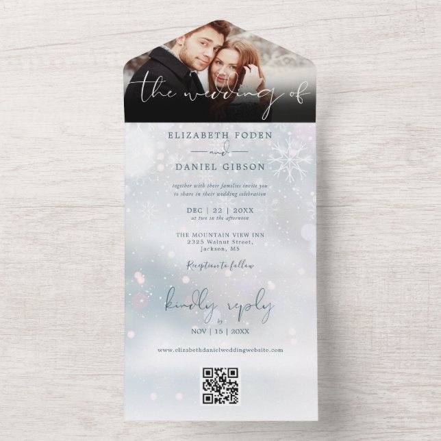 Winter Wonderland QR Code Snow Wedding Photo All In One Invitation (Inside)