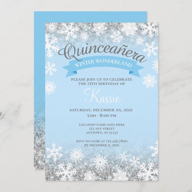 Winter Wonderland Quinceañera 15th Birthday Silver Invitation (Front/Back)