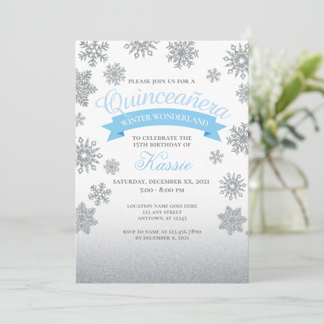 Winter Wonderland Quinceañera 15th Birthday Silver Invitation (Standing Front)