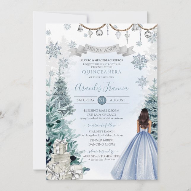 Winter Wonderland Quinceanera Light Blue Silver Invitation (Front)