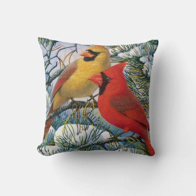 Winter Wonderland Red Cardinal Birds Christmas Cushion (Front)