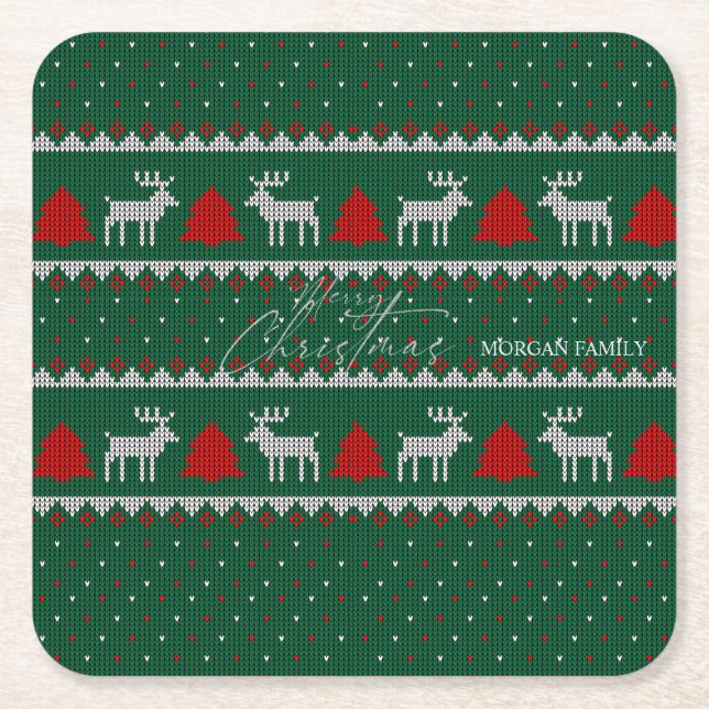 Winter Wonderland,Reindeer Pine Tree Green Square Paper Coaster (Front)