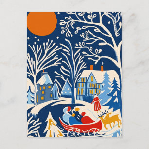 Winter Wonderland, Santa Sleigh, Holiday folk art Postcard