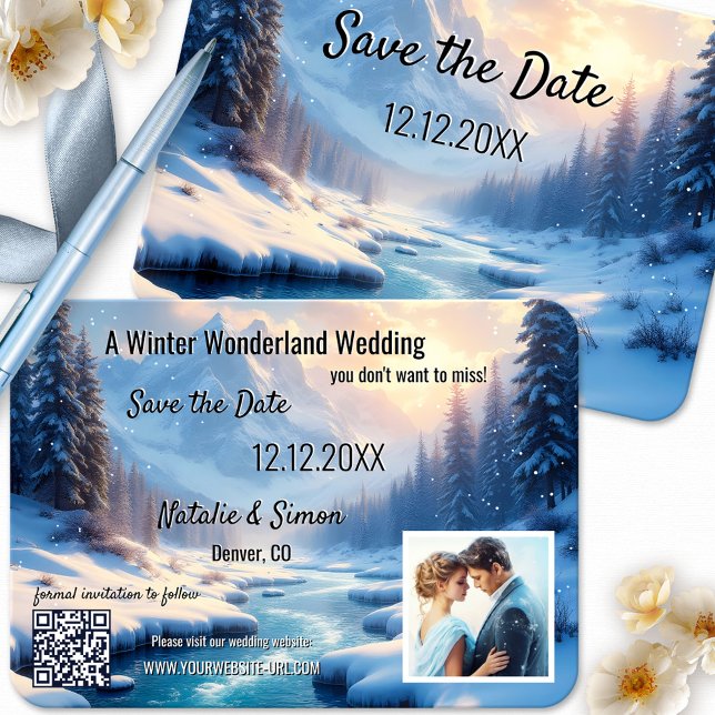 Winter Wonderland Save the Date Announcement (Winter wonderland Save the Date card featuring a snow covered winter mountain landscape with a river)