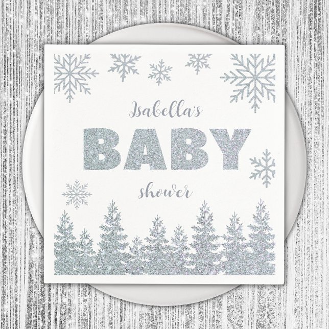 Winter Wonderland Silver Glitter Baby Shower Napkin (winter wonderland baby shower napkins silver glitter woodland)