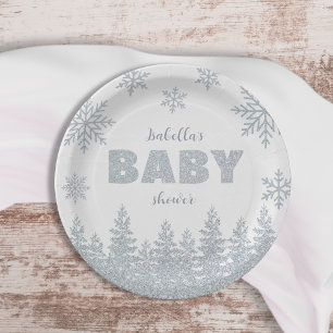 Winter Wonderland Silver Glitter Baby Shower Paper Plate