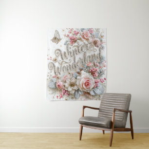Winter Wonderland  Silver Glitter Pink Roses Tapestry