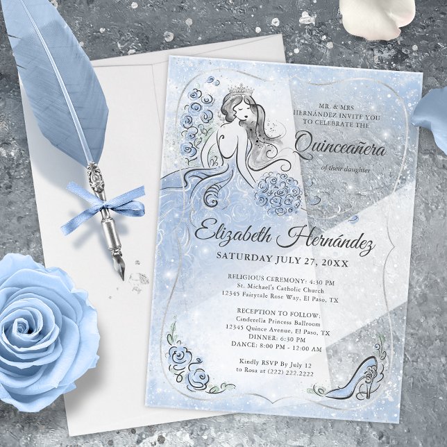 Winter Wonderland Silver Light Blue Quinceanera Acrylic Invitations (Winter wonderland quinceanera acrylic 
 invitations that'll bring fairy tale magic to your big day!)